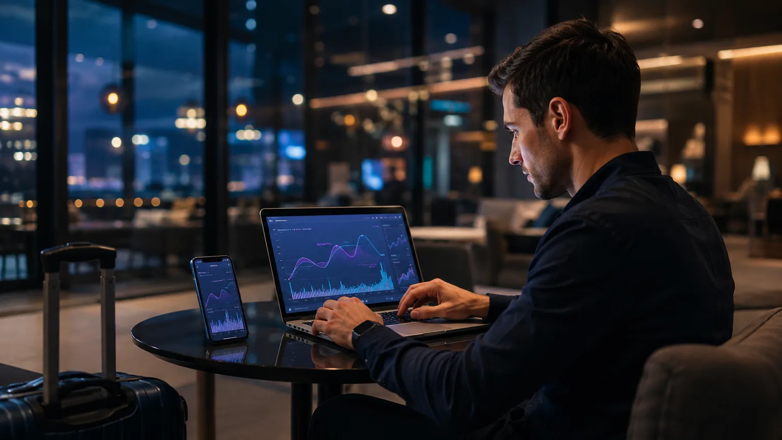 Cryptogebruiker met laptop en telefoon op een openbaar netwerk